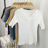 夏季新款韩版冰丝棉短款T恤女V领修身显瘦针织衫短袖纯色打底衫薄