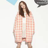 2016春季韩版中长款加厚马海毛茧形格子毛衣开衫外套韩国代购女装