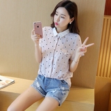 c157 夏装新款韩版时尚修身圆点衬衫 2016polo领短袖衫衬衣女装潮