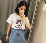 韩国东大门夏季卡通小女孩印花宽松做旧磨破短袖t恤短袖上衣女