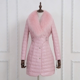 2015冬款新款粉色海宁皮革城羊皮皮衣真皮羽绒服女中长款修身外套