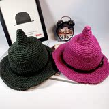 韩版夏季女减龄可爱奶嘴草帽 手工草编镂空遮阳帽 皮带装饰巫师帽