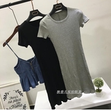 韩国东大门2016夏季新款学院风百搭背后开叉纯色中长款棉短袖T恤