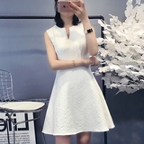 2016夏天新款连衣裙女装白色中长款韩版收腰显瘦无袖中裙名媛印花