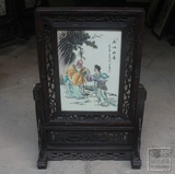 景德镇陶瓷瓷板画名家手绘仿古粉彩人物小屏风实木框 麻姑献寿