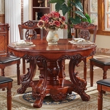 欧式圆形餐桌双层大理石实木雕花饭桌小户型圆餐桌高档餐桌椅组合