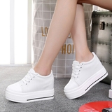 2016新款韩版白色松糕厚底10cm帆布鞋坡跟隐形内增高女鞋34码低帮