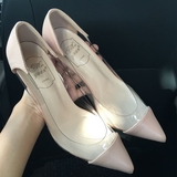 【女鞋王国9】欧美淡粉色透明细跟高跟鞋尖头拼接女鞋单鞋