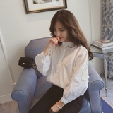 2016春装新款韩范学院风OL甜美拼蕾丝长袖白衬衫女宽松显瘦上衣