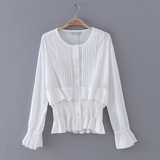 E79-9 韩国单 秋季新款纯色蕾丝拼接褶皱修身圆领长袖女式雪纺衫