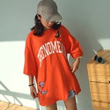 夏装韩版学院风时尚个性破洞字母印花宽松中长款七分袖T恤女潮