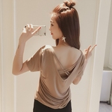 6度2016夏装韩版新款纯色薄T恤V领性感短袖露背交叉上衣女潮E6108