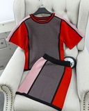 ZD45#韩版新款针织套装女小香风气质修身短袖拼色包臀半身裙两件