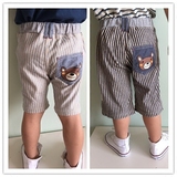 2件包邮zoomic2016夏款日本原单纯棉贴布条纹卡通男女童短裤子
