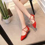33小码时尚尖头单鞋脚踝绑带性感红色高跟鞋羊皮细跟系带女鞋平底