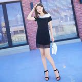 2016夏季新款韩版修身显瘦欧根纱黑白拼接气质雪纺连衣裙短裙裙子