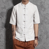 中国风唐装男士亚麻短袖衬衫夏季棉麻盘扣上衣青年大码中式汉服潮