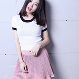 韩版修身显瘦时尚百搭圆领针织短袖T恤女短款简约学生春季打底衫