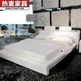 进口白色真皮软床组装 双人床方形简约带灯现代卧室 皮床头层牛皮
