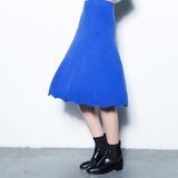 Chan原创设计 复古宝蓝色高腰呢子中长半身裙A字裙2015冬季新款