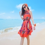 沙滩裙短款波西米亚大码显瘦雪纺印花连衣裙夏季韩版海边度假裙子