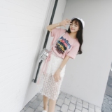 蝴蝶结家 2016夏季韩国新品假两件连衣裙蕾丝罩衫网纱T恤拼接裙子