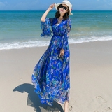 2016夏装新款波西米亚大摆伞裙复古荷叶袖飘逸长裙修身显瘦沙滩裙