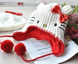 婴儿童毛绒帽子护耳韩国冬女童毛线kiity猫耳朵毛球加绒保暖原单