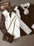 2016秋装新款韩版V领假两件雪纺拼接打底衬衫女蝴蝶结系带绒上衣