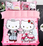 结婚庆粉色纯棉四件套床上用品床单被套1.5 1.8米床可爱KT凯蒂猫