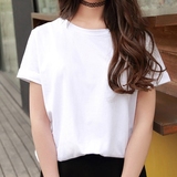 夏季宽松纯棉短袖T恤女白色韩版圆领学生上衣纯色短款显瘦打底衫