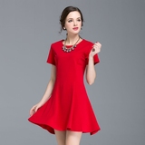 2016夏季新款女装大码时尚小红裙修身明星同款短袖连衣裙中长裙子