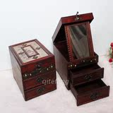 中式复古木质化妆首饰盒仿古木制多层带镜饰品收纳盒古典梳妆箱盒