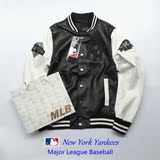 韩国MLB棒球服情侣款PU皮刺绣棒球夹克女宽松NY机车皮衣男装外套