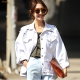 韩国宽松牛仔外套女中长款秋季新款蝙蝠长袖破洞白色大码上衣夹克