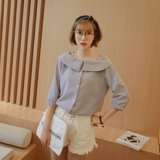 韩国学院夏季新款 清新简约露肩宽松一字领竖条纹泡泡棉娃娃衬衫