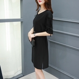 雪纺黑色连衣裙2016夏季韩版修身显瘦V领短袖直筒中长款小黑裙夏