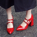 16春夏新款韩版时尚真皮粗跟高跟鞋单鞋女尖头侧空包头 红色婚鞋