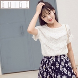 夏季新款韩版修身显瘦短袖短款镂空雪纺衫收腰白色蕾丝衫上衣女夏