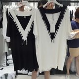 16韩国东大门夏季女装新品大V领宽松显瘦短袖上衣口袋中长款T恤女