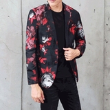印花小西装男韩版修身外套青年英伦个性花西服大码植物花卉男上衣