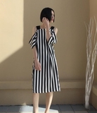 2016夏季韩版新款黑白条纹高俊熙同款露肩吊带连衣裙显瘦中长款