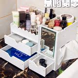 带镜子欧式塑料浴室桌面化妆品收纳盒木质大号抽屉式梳妆台储物箱