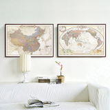 中国地图世界地图有框办公室装饰画书房高清新版油画布地图挂图