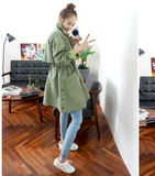 2016春季新款韩版修身显瘦纯棉工装休闲中长款军绿色风衣外套女潮