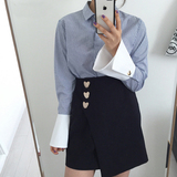 2016春季新款韩版复古时尚清新蓝白条纹拼接撞色喇叭袖衬衫女衬衣