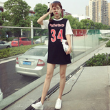 韩版学生插肩袖bf风t恤女夏中长款数字棒球衫运动上衣2016夏季