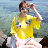 韩国代购2016夏新款薄款重工刺绣小鸟蝙蝠袖宽松短袖针织衫女T恤