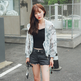 韩国2016韩版长袖连帽短款蝙蝠袖薄款外套 欧根纱印花防晒衣女夏
