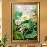 纯手绘工欧美式现代荷花花卉油画走廊过道玄关餐厅背景装饰挂壁画